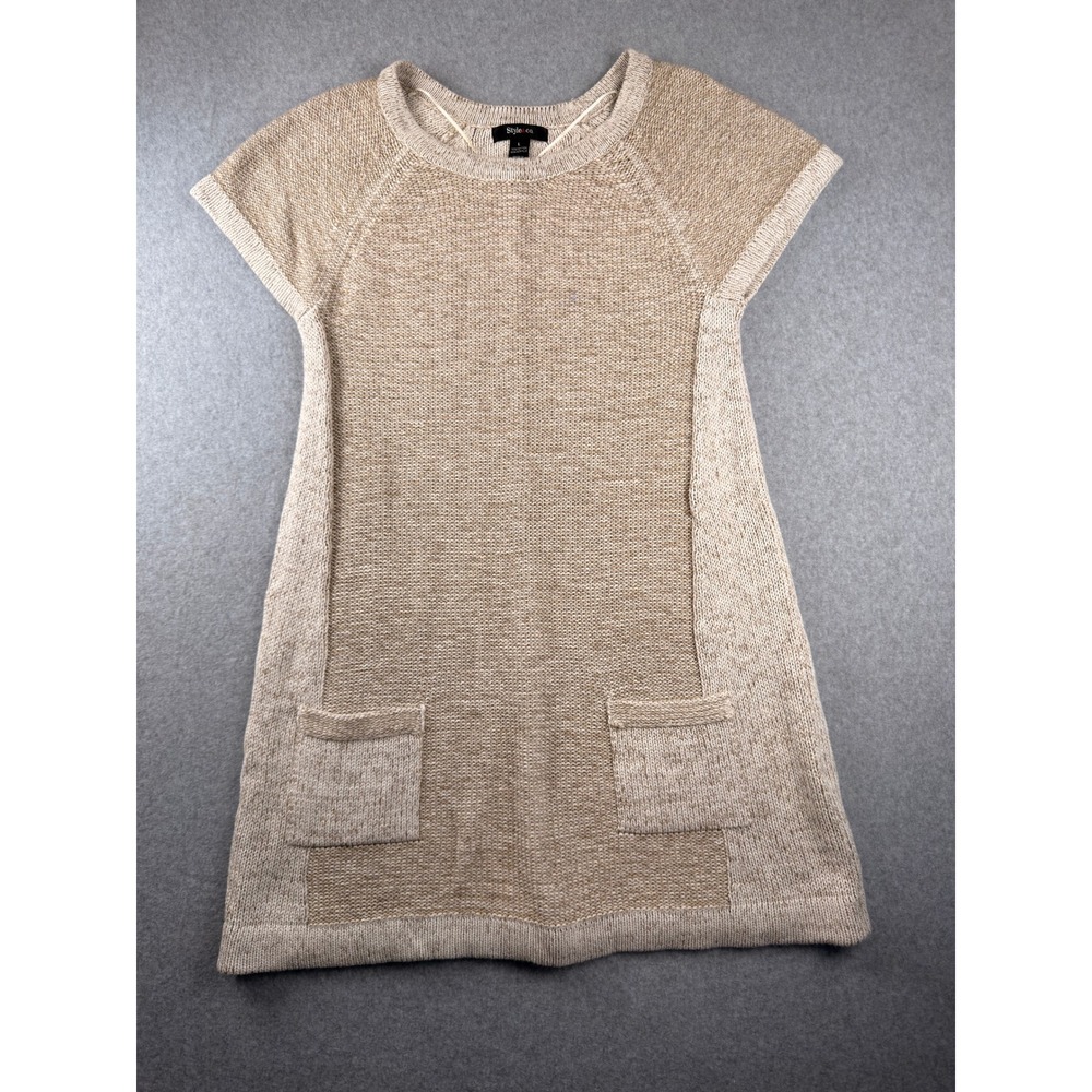 Style & Co Tan Beige Knit Short Sleeve Sweater Dress with Pockets Large